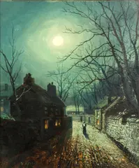 Walter Linsley Meegan, Figure on a moonlit cobbled lane, oil on canvas