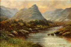 Charles Leader, Sunset mountainous river landscape, oil on canvas