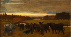 Figures herding cattle in  meadow at sunset by Alfred Fitzwalter Grace, oil on board, offered Jun 2015