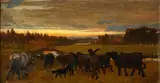 Figures herding cattle in  meadow at sunset by Alfred Fitzwalter Grace, oil on board, offered Jun 2015