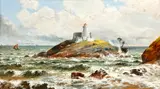 Mumbles Lighthouse, depicting the wreck of the Prussian barque, Admiral Prinz Adalbert, off Mumbles Rock, 1883, by Ra Hrsa Peter Graham, oil on board,, offered Jun 2015