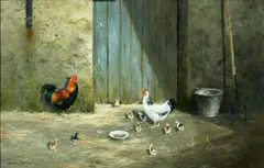 Colin W. Burns, Chickens and chicks before a barn, oil on board,