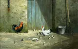 Chickens and chicks before a barn by Colin W. Burns, oil on board,, sold Jun 2015