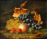 Henry George Todd, Still life of fruit and vine leaves, oil on panel,