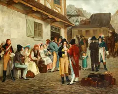 Travellers outside an inn by Charles Louis Kratké, oil on canvas, sold Jun 2015