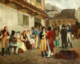 Charles Louis Kratké, Travellers outside an inn, oil on canvas