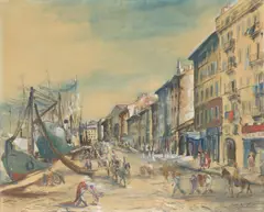 Marseille by Wilhelm Kohlhoff, 1930, Gouache, Deckweiß und Tusche auf Papier, auf Hartfaser aufgezogen, sold Aug 2020