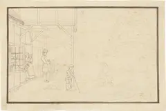 Philipp Otto Runge, Familientreffen vor dem Haus, Feder in Schwarz und Braun auf Papier, schwarz gerahmt