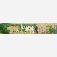 Grueby Faience Company, Rare and exceptional five-tile frieze of an ox-drawn cart