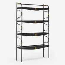 Bookshelf by Jacques Adnet, c. 1955, enameled steel, black glass tiles, brass, sold Oct 2023