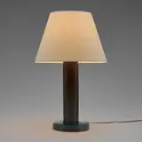 Table lamp by Paul Dupré-Lafon, c. 1955, stacked box leather, brass, paper shade, sold Oct 2023