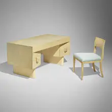 Desk and chair by Samuel Marx, c. 1950, crackle-lacquered wood, upholstery, sold Oct 2023