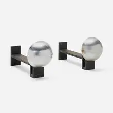 Andirons, pair by Samuel Marx, 1952, black oxide steel, chrome-plated steel, sold Oct 2023