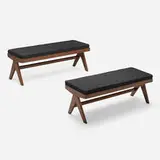 Benches from the M.L.A. Flats building, Chandigarh, pair by Pierre Jeanneret, c. 1956, teak, upholstery, sold Oct 2023