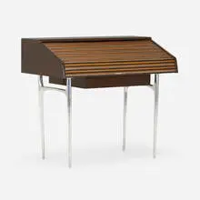 Roll-top desk by Donald Deskey, c. 1965, Micarta laminate, walnut, aluminum, sold Oct 2023