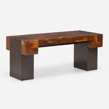 Custom desk by Paul Evans, c. 1975, walnut burl, laminate, sold Oct 2023