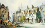 Market stalls and a shepherd in a Continental Town, possibly Ghent by C. J. Keats, watercolour, sold Jun 2015