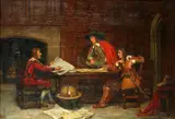Discussing the News by Ri John Sanderson Sanderson-Wells, oil on canvas, sold Jun 2015