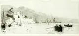 Villefrance Fort with battleship; The Pyramids from the Nile, showing native river craft and Nile passenger boats; a pair, Circa 1913 by William Lionel Wyllie, etching, sold Jun 2015