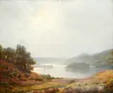 An extensive view over a valley, with figures in a rowing boat on a lake by Peter Johan Valdemar Busch, oil on canvas, offered Jun 2015
