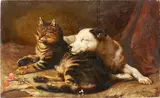 A tabby cat and a white dog resting together by Henry William Carter, oil on canvas, sold Jun 2015