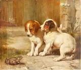 Two puppies surprised by a frog by Henry William Carter, oil on canvas, sold Jun 2015