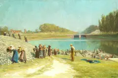 Alfred Walter Bayes, 'Unloading flints, St. Valery sur Somme', oil on canvas
