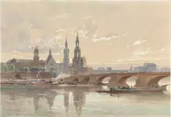 Blick über die Elbe auf Dresden mit Schloss und Katholischer Hofkirche by Edward Harrison Compton, 1917, Aquarell und Gouache über Bleistift auf leichtem Karton, sold Dec 2020