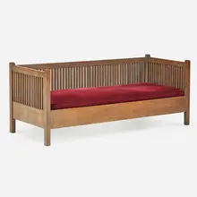 Spindled cube settle by Gustav Stickley, sold May 2018