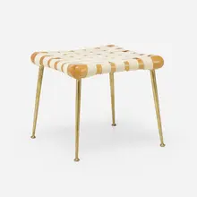 Stool, model 1730 by T. H. Robsjohn-Gibbings, c. 1950, bleached walnut, brass, canvas, sold Oct 2023