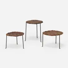 Stools, set of three by Lila Swift and Donald Monell, c. 1955, handwrought iron, leather, sold Oct 2023
