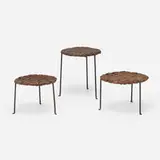 Stools, set of three by Lila Swift and Donald Monell, c. 1955, handwrought iron, leather, sold Oct 2023