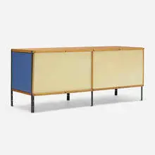 ESU 100-C by Charles and Ray Eames, 1950, birch plywood, lacquered Masonite, lacquered steel, fiberglass, birch, sold Oct 2023