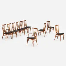 Dining chairs, set of ten by Niels Koefoed, c. 1965, teak, vinyl, sold Oct 2023