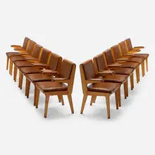 Armchairs, set of twelve by Arflex, c. 1960, beech, vinyl, mahogany, brass, sold Oct 2023