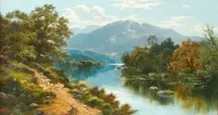 Edgar Longstaffe, River landscape with shepherd and sheep, oil on canvas