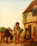 Figures and donkey before a cottage by Edmund Bristow, oil on panel, offered Jun 2015