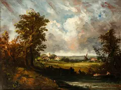 John Constable, Landscape with figure in a boat, oil on canvas