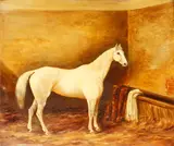 A chestnut horse by a fence; A grey horsein a stable, a pair by English School, oil on canvas, sold Jun 2015