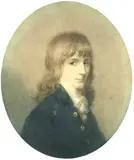 Portrait of of a young man wearing blue coat with gold buttons, white waistcoat, stock and tied cravat, his natural hair worn long by James Green, watercolour, sold Jun 2015