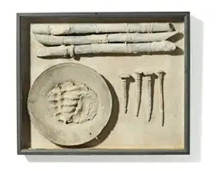 Die Basis des Lebens by Dieter Appelt, 1977, Objektkasten (Holz, Leinen, Nägel, Teller, Lehm), sold Nov 2019