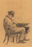 Nickerchen am Tisch by Heinrich Zille, Kohle und Buntstift auf hellbraunem Papier (Rückseite eines Briefumschlags), sold Nov 2019
