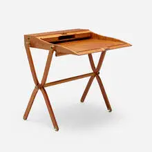 Pippa folding desk by Rena Dumas and Peter Coles, 1991, pearwood, leather, brass, sold Oct 2023