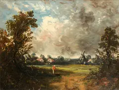 John Constable, Figure in a landscape with windmill and church steeple to the rear, oil on canvas