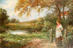 A country maid by a duck pond by Ernest Walbourn, sold Jun 2015