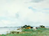 Cattle watering in an open river landscape by Adriaan Groenewegen, watercolour, offered Jun 2015