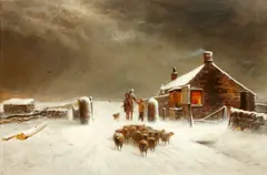 'Stoney Rodge Pass' - a herdsman and flock passing a tollgate in the snows by Joseph Wrightson McIntyre, sold Jun 2015