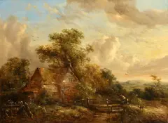 Richard H. Hilder, A farmhouse and figure by a stream