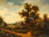 Figure on a path by a cottage in a wooded open landscape by Joseph Thors, oil on panel, sold Jun 2015