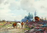 Travellers on the 'Edge of the Moor'; The Haywain; Harvest Time by George Hamilton Constantine, watercolours, offered Jun 2015